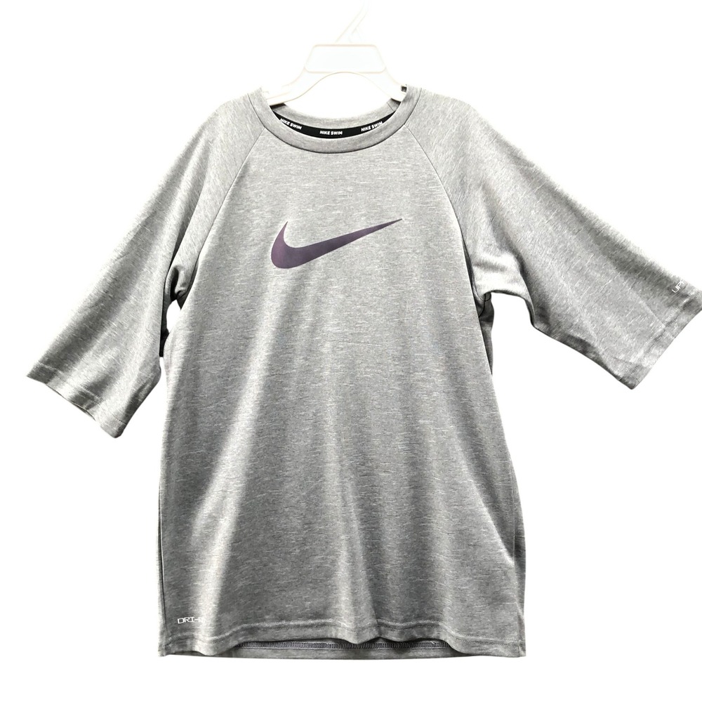 Nike Swim Dri-FIT Rash Guard Youth Kids L Boys 14-16 Gray Short Sleeve UPF 40+